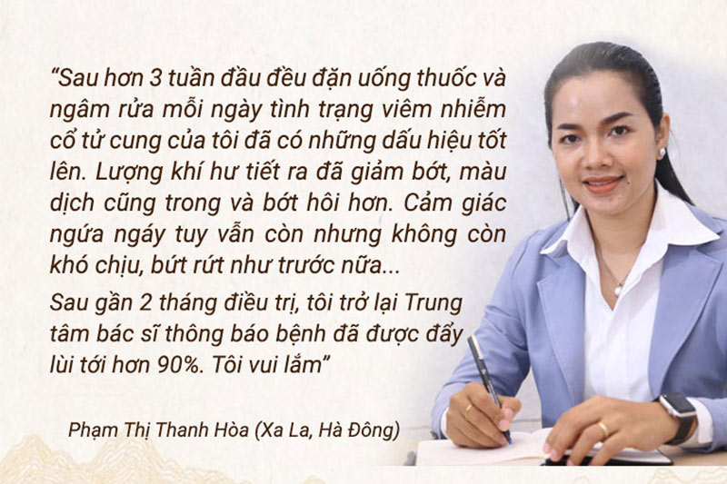 Bệnh nhân Phạm Thị Hòa chia sẻ sau khi điều trị viêm cổ tử cung tại Trung tâm Phụ Khoa Đông y Việt Nam