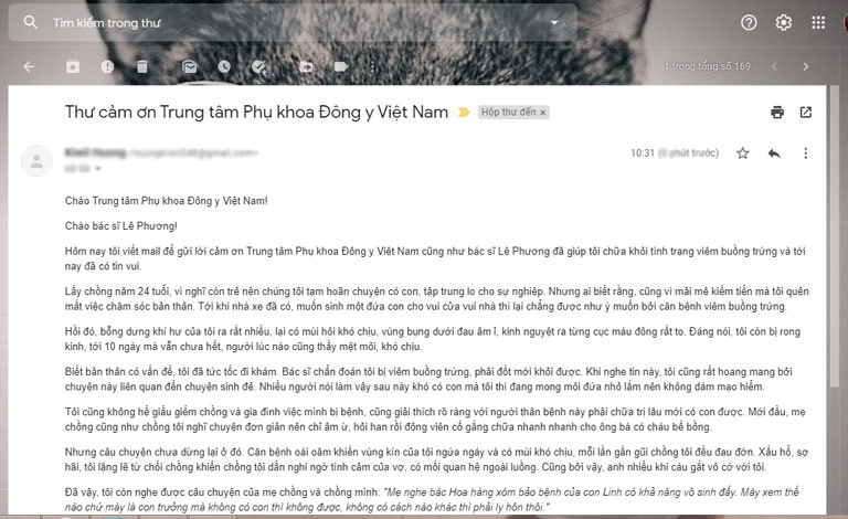 Bệnh nhân gửi email cảm ơn sau khi đã chữa khỏi viêm buồng trứng