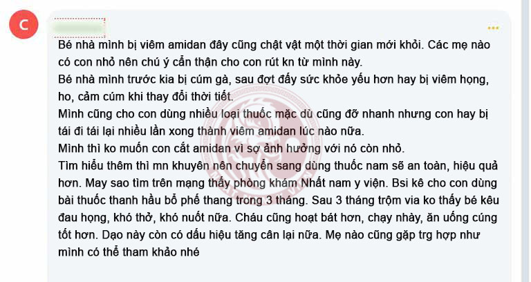 Phản hồi của phụ huynh chữa viêm amidan cho trẻ bằng Thanh hầu bổ phế thang