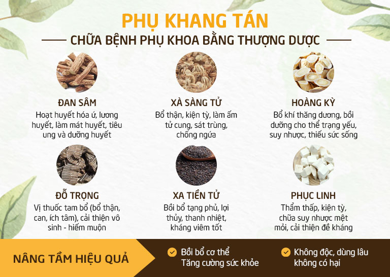 Phụ Khang Tán sở hữu nhiều thành phần thượng dược giúp nâng cao hiệu quả điều trị