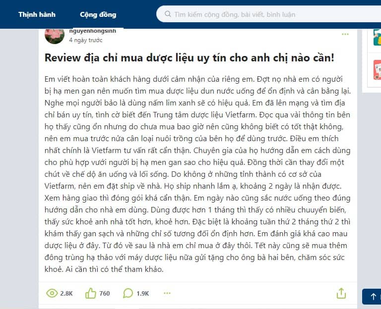 Review của khách hàng sử dụng sản phẩm của Trung tâm Vietfarm