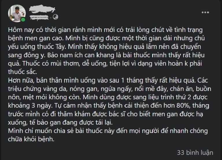 Một bệnh nhân men gan cao chia sẻ về hiệu quả của Bảo nam Ích can thang trên trang cá nhân