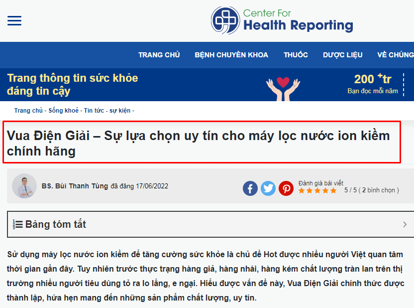 Center For Health Reporting cũng khẳng định chất lượng dịch vụ tại Vua Điện Giải