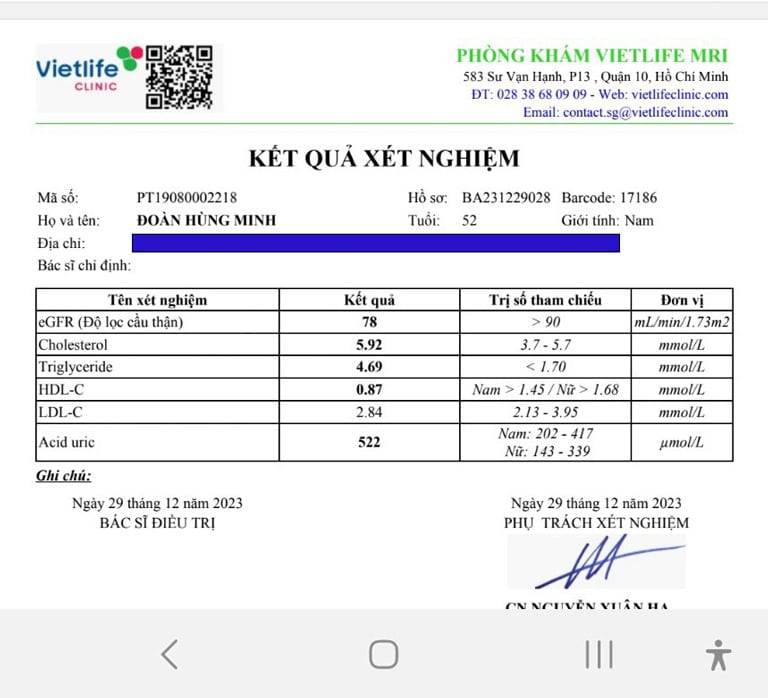 Kết quả xét nghiệm của bệnh nhân Đoàn Ngọc Minh trước điều trị