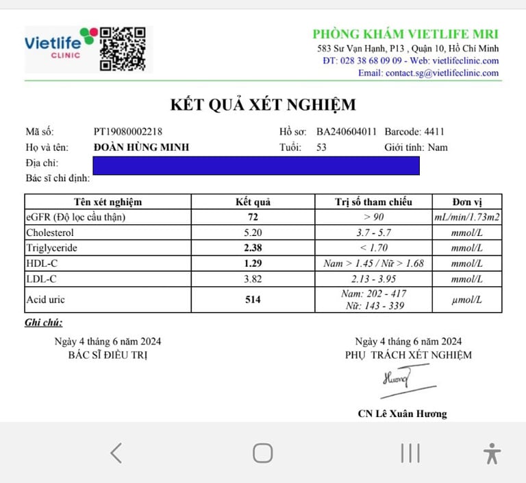 Kết quả xét nghiệm của bệnh nhân Đoàn Ngọc Minh sau điều trị với Nhị thập Huyết Mạch khang