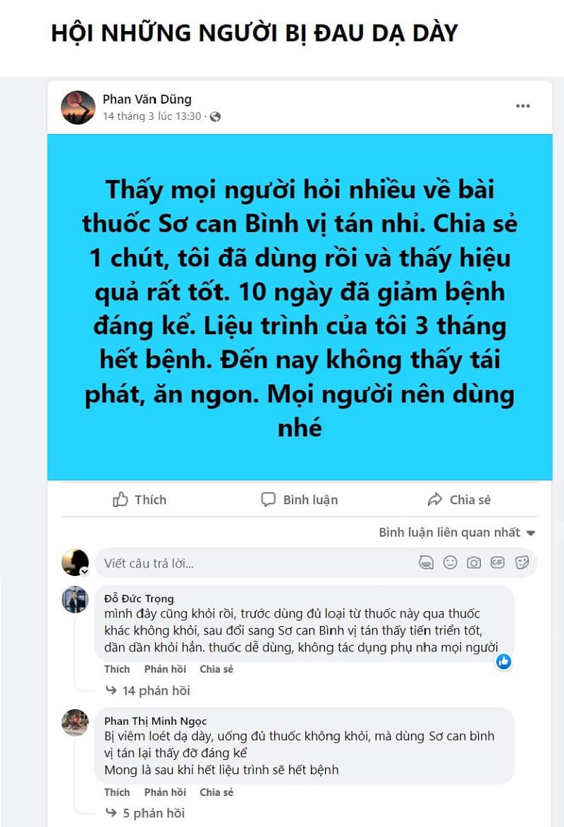 Phản hồi về bài thuốc Sơ can Bình vị tán trên hội nhóm